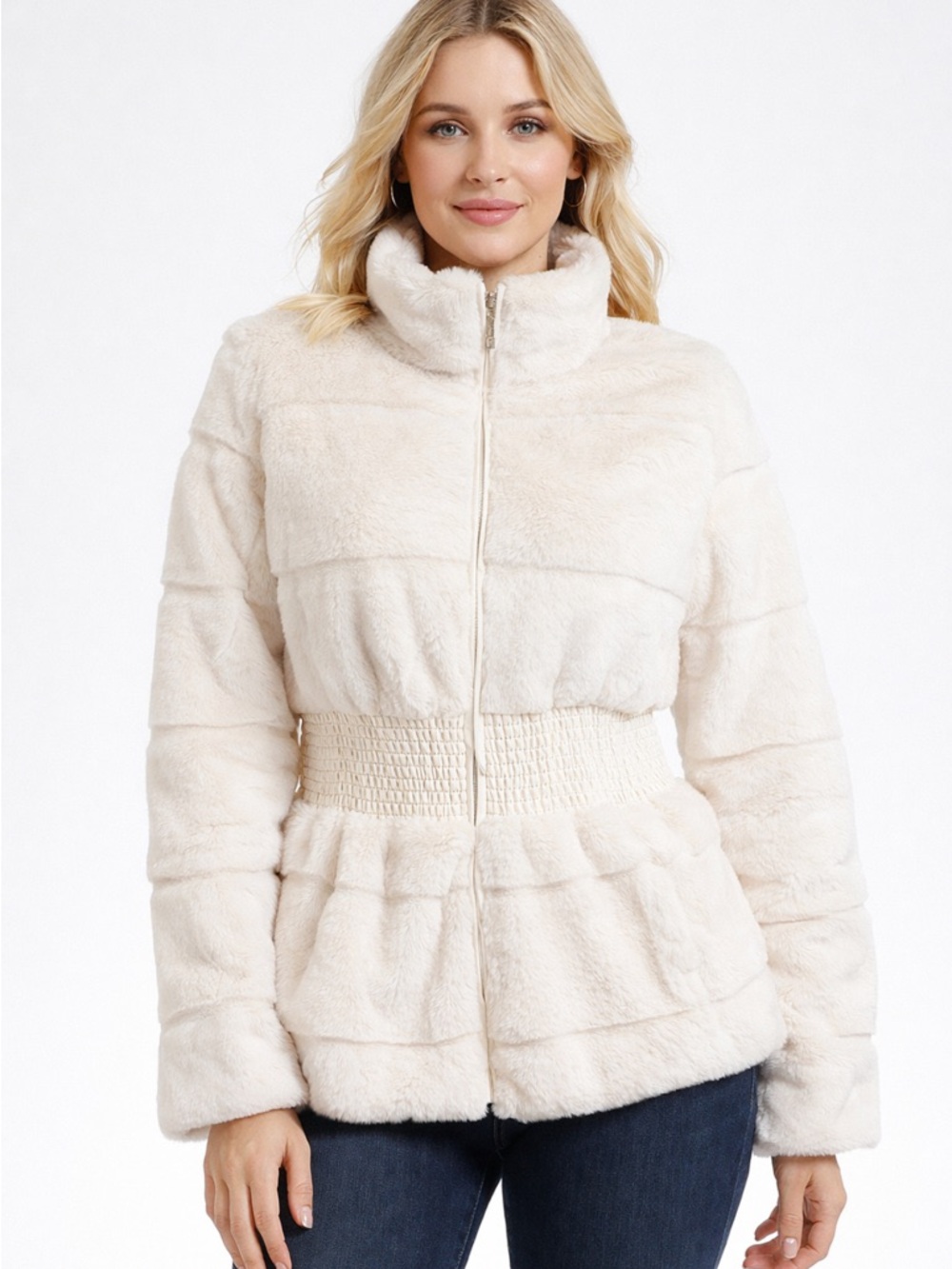 Cavalini Women's Cream Faux Fur Soft Zip-Up Smocked Waist Peplum Hem Jacket SZ S